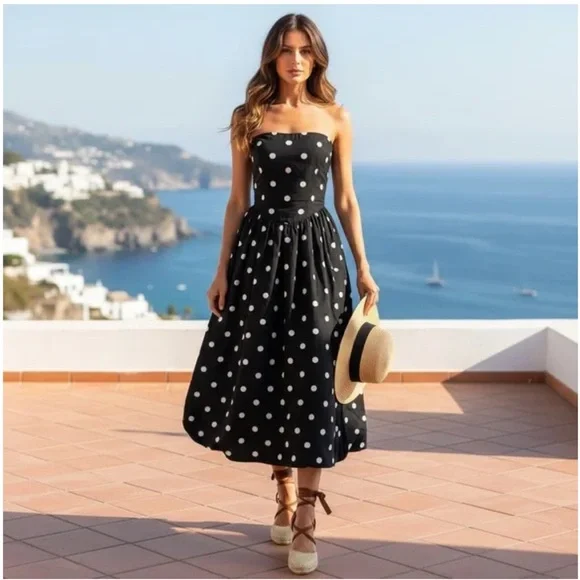 585. TULIP CREATIONS strapless polka dot balloon midi dress Sz L NWT - Picture 2 of 10